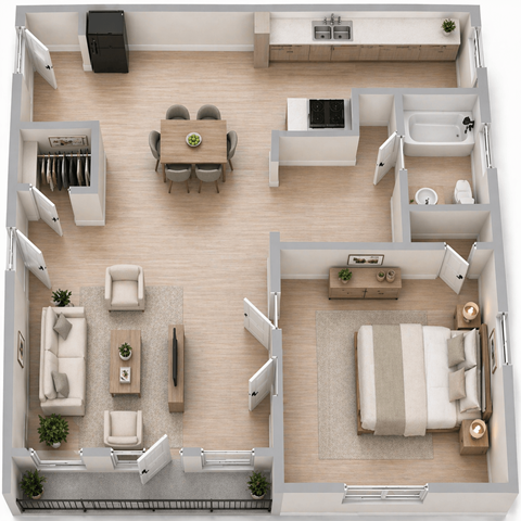 Floor plan for 1 bed, 1 bath, 700 sqft